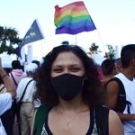 Katie at Hong Kong Pride 2019 wearing a mask