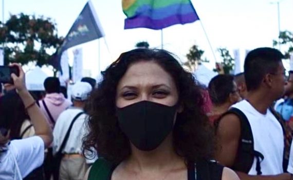 Katie at Hong Kong Pride 2019 wearing a mask