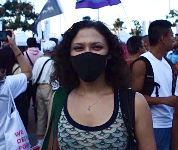 Katie at Hong Kong Pride 2019 wearing a mask